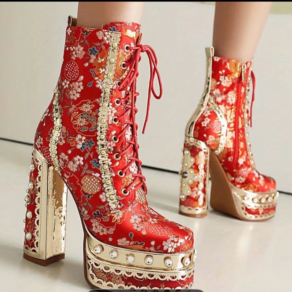 Red Floral Platform Lace-Up Ankle Boots with Gold Accents